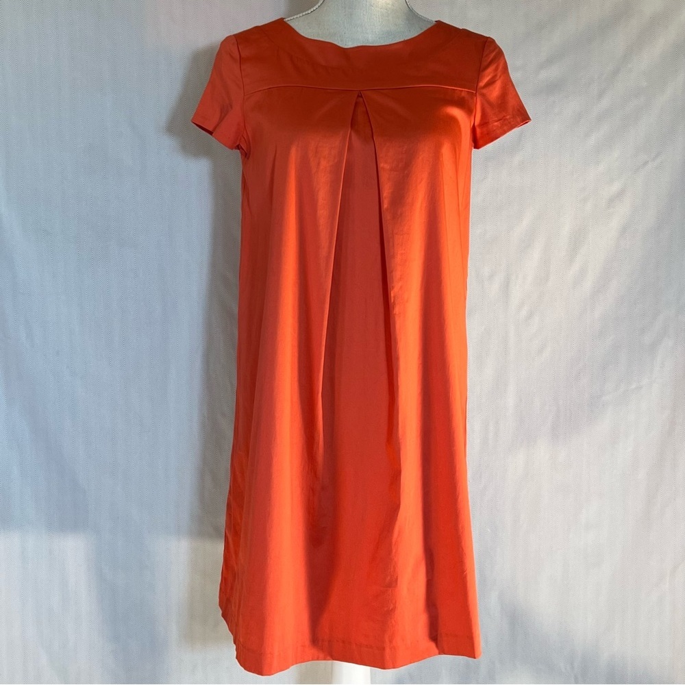 BCBA Paris Dress Coral Orange Cotton Inverted Front Back Pleats Short Sleeve 2 👍